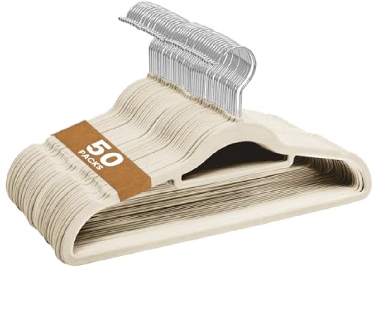 Huis Geluk Set van 50 Fluweel Kleerhangers - Antislip Ruimtebesparend met 360° Draaibare Haken en Strikorganizer - Crème