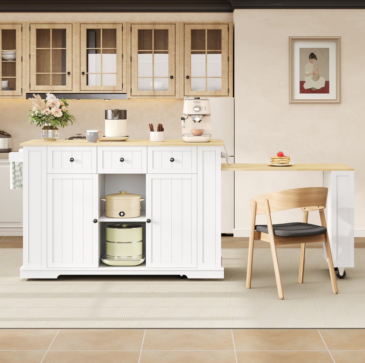 FloraGrace Eettafel - Uitschuifbare Keukeneiland Met Opbergruimte En Wielen - Voor Keuken En Eethoek - MDF - 138x55x93 Cm - Wit Naturel