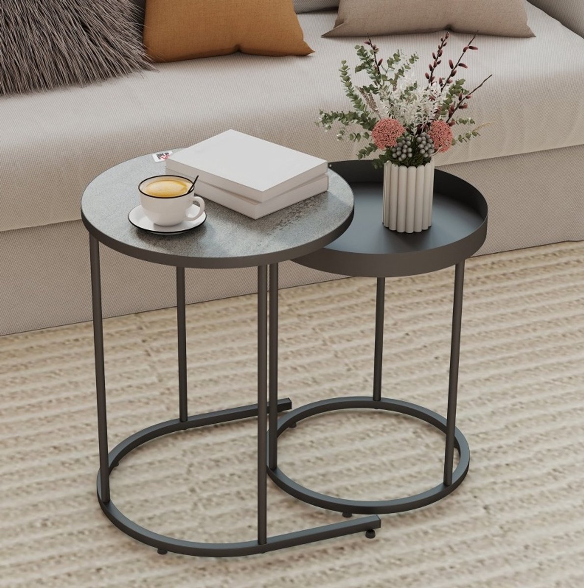 FloraGrace Bijzettafel Set - 2-delige Ronde Nesten Tafels Met Tabletrand - Voor Woonkamer - MDF En Metaal - Ø42x54 Cm - Grijs