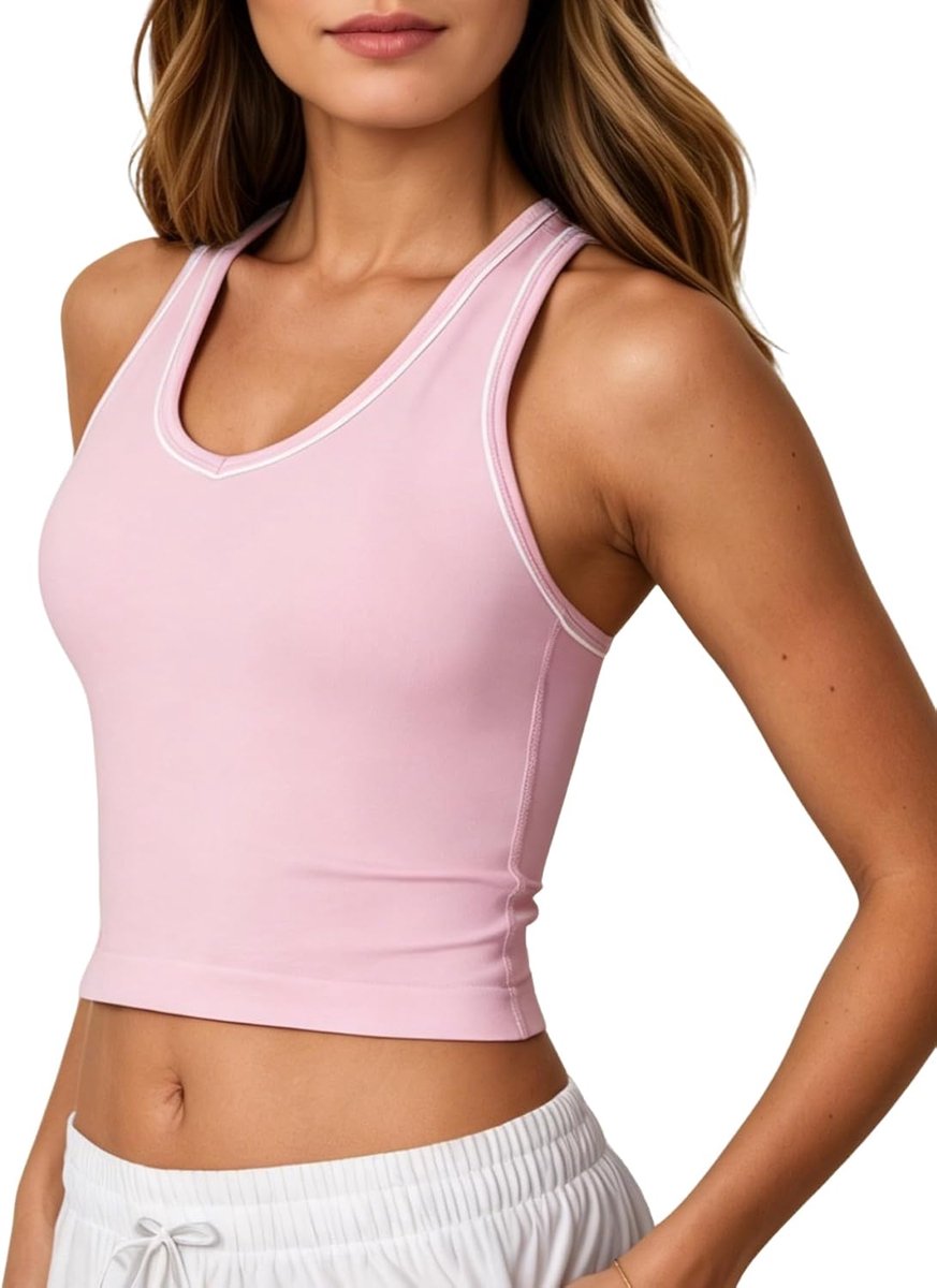 Tanktop Dames Sexy V-hals Crop Top Zomer Sport Tanktops Basic Topjes met Bandjes Camisole Mouwloze Tops Dubbellaags Slim Fit Rugloze Tops