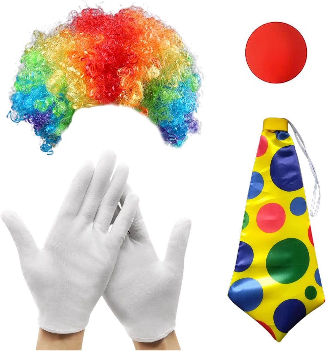 4 stuks clownskostuumset, clownkostuum, accessoire, clownskostuum, regenboog, clown, neushandschoenen, kleurrijke stropdas voor Halloween, cosplay, party, carnaval, circusshow