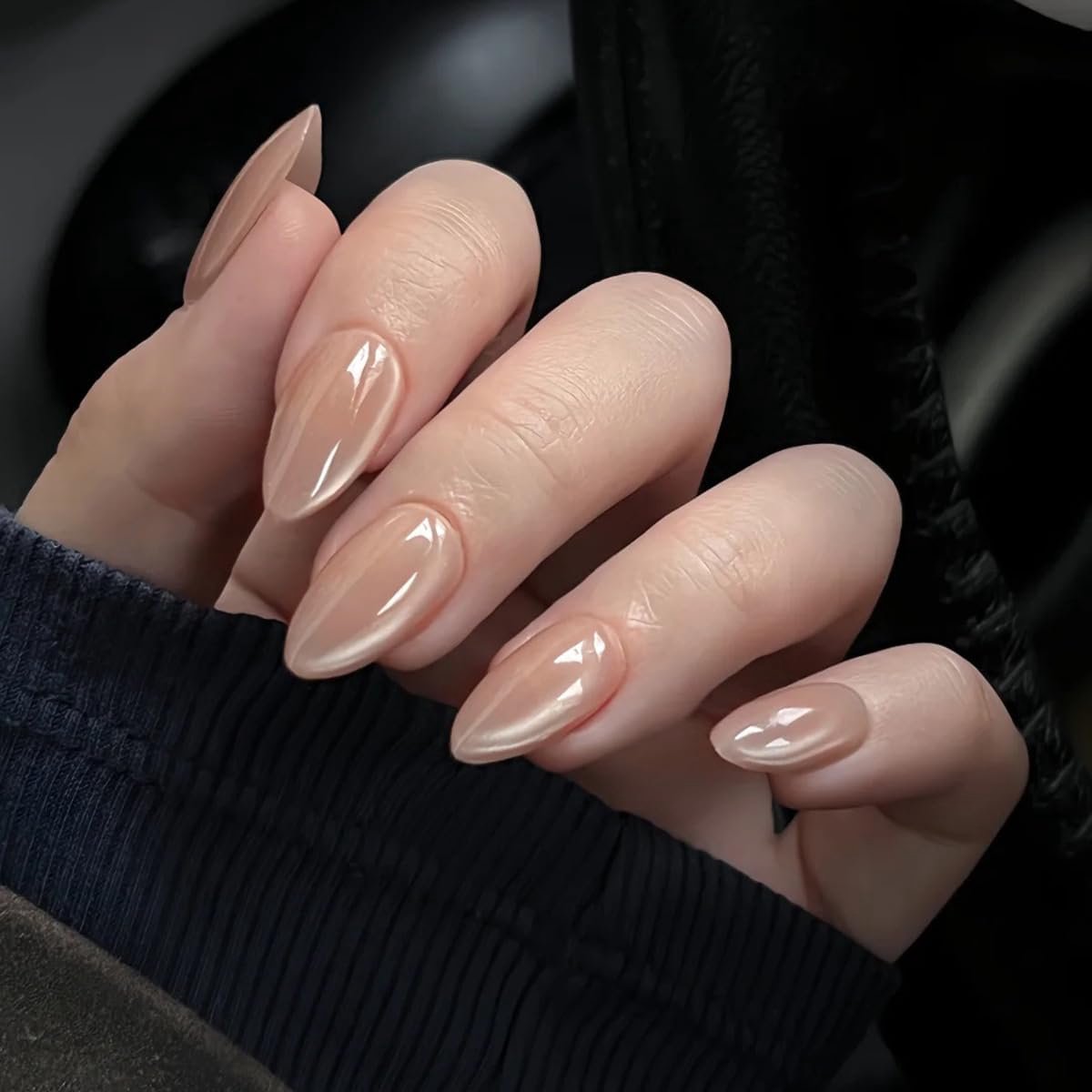 Nails Kort, Amandel Nude Eenkleurige Cat Eye Magnetische Kunstnagels met Nagellijm, Natuurlijke Fototherapie Kunstnagels