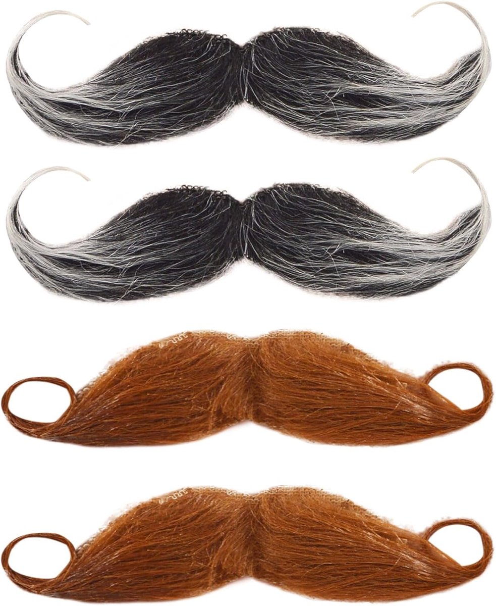 4 stuks nepbaarden, nepsnorren zelfklevende krulsnor, nep gezichtshaar voor kostuum, oude detective snor, voor Halloween maskerade, kerstfeest (bruin, zwart) (bruin, zwart)