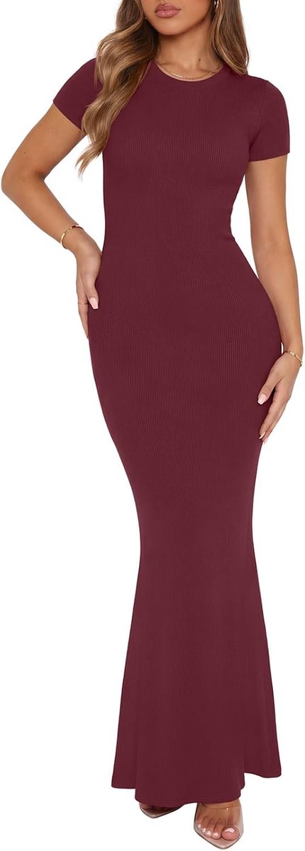Dames basic zomer casual lounge lange jurk elegante korte mouwen ronde hals bodycon maxi-jurken