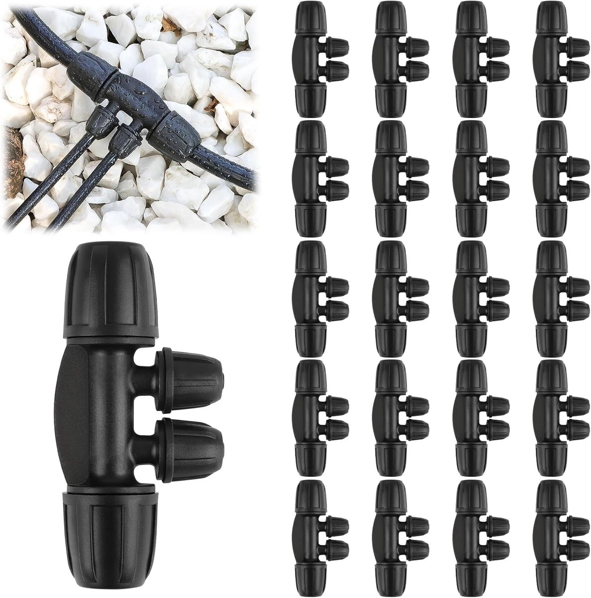 Vergrendelde T-stukken met weerhaken, 20 stuks, 5/16 inch tot 1/4 inch, druppelirrigatiearmaturen, kit 8/12 mm tot 4/7 mm, slangvergrendelingsbus, 4-weg -Barbed Lock irrigatieonderdelen voor