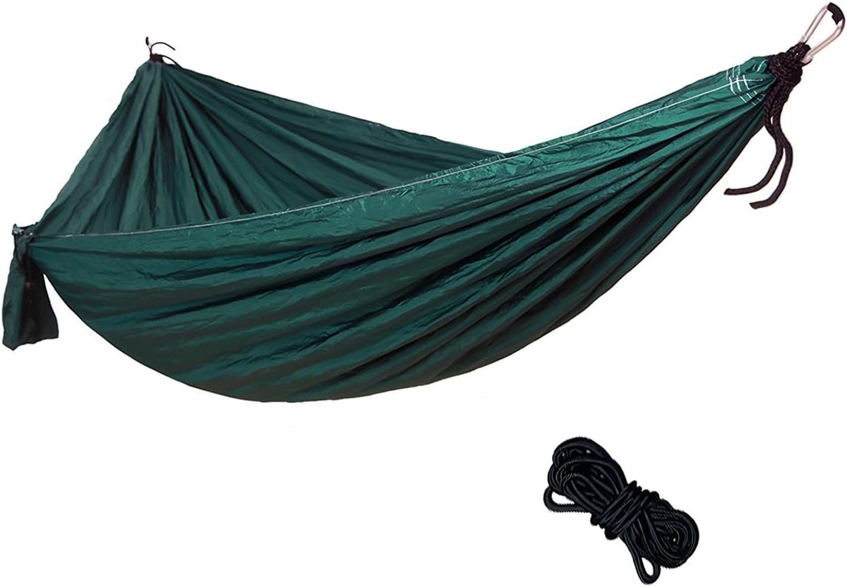 Nylon hangmat voor buiten met 2 touwen en 2 stalen gespen en opbergtas, 270 x 140 cm voor kamperen, wandelen, backpacken, strand (donkergroen)