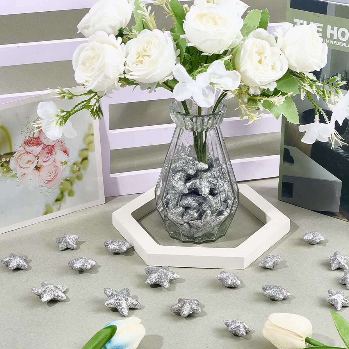 60 stuks glitter schuim ster vaas vuller ster schuim vormen tafel decor zilveren vuller glitter ornamenten partij centerpieces voor bruiloft kerst thuis tafel strooien kunst ambachten
