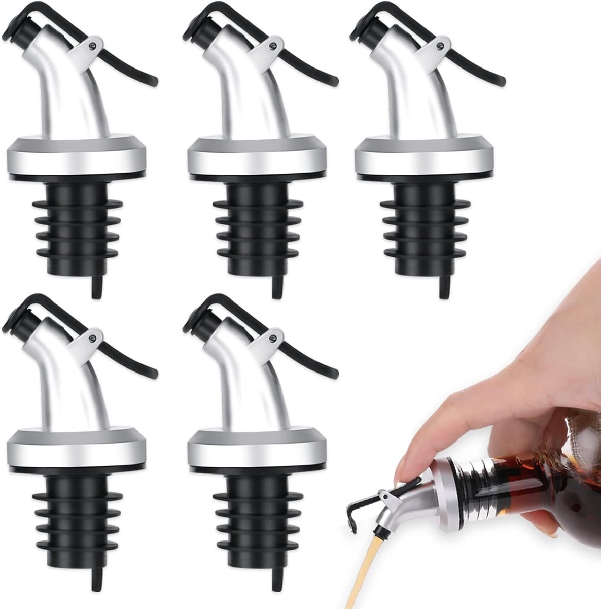 SnelShoppen - 5 Stuks RVS Fles Gieten Oliekannetje - Lekvrije Gietspout voor Wijn, Olijfolie, Liqueur - Keuken & Bar Accessoire - Geschikt voor Flesse