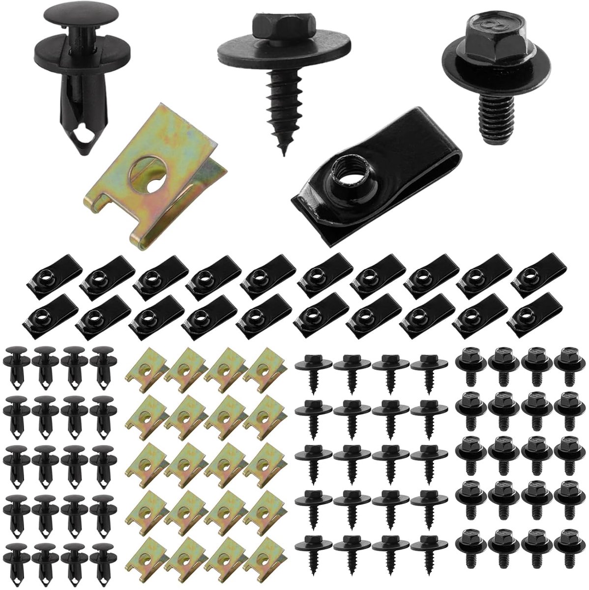 Clipset, carrosserieschroeven en U-type carrosserieclips, auto, body, spatbord, schroeven, spatbordclip, plaatmoeren, bevestigingsclips voor auto, motorfiets