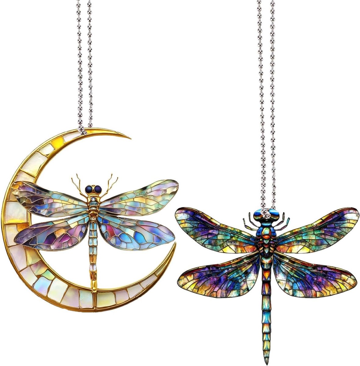 2 Stuks 2 Stijlen Maan Libellen Suncatcher Acryl Libelle Ornament Gebrandschilderd Glas Venster Opknoping Hangers Kleurrijke Libelle Geschenken voor Vrouwen Oma Vrienden Tuin
