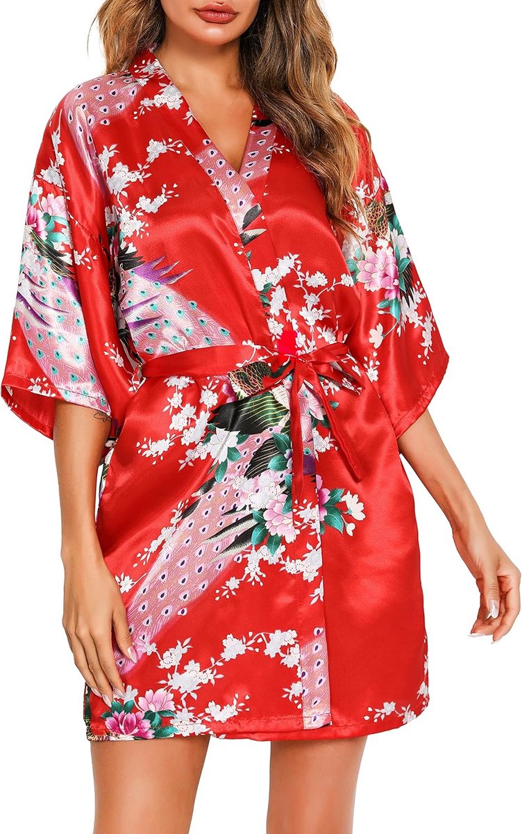 Dames Ochtendjas Kimono Satijn Robe Korte Nachtkleding V-hals Badjas met Riem