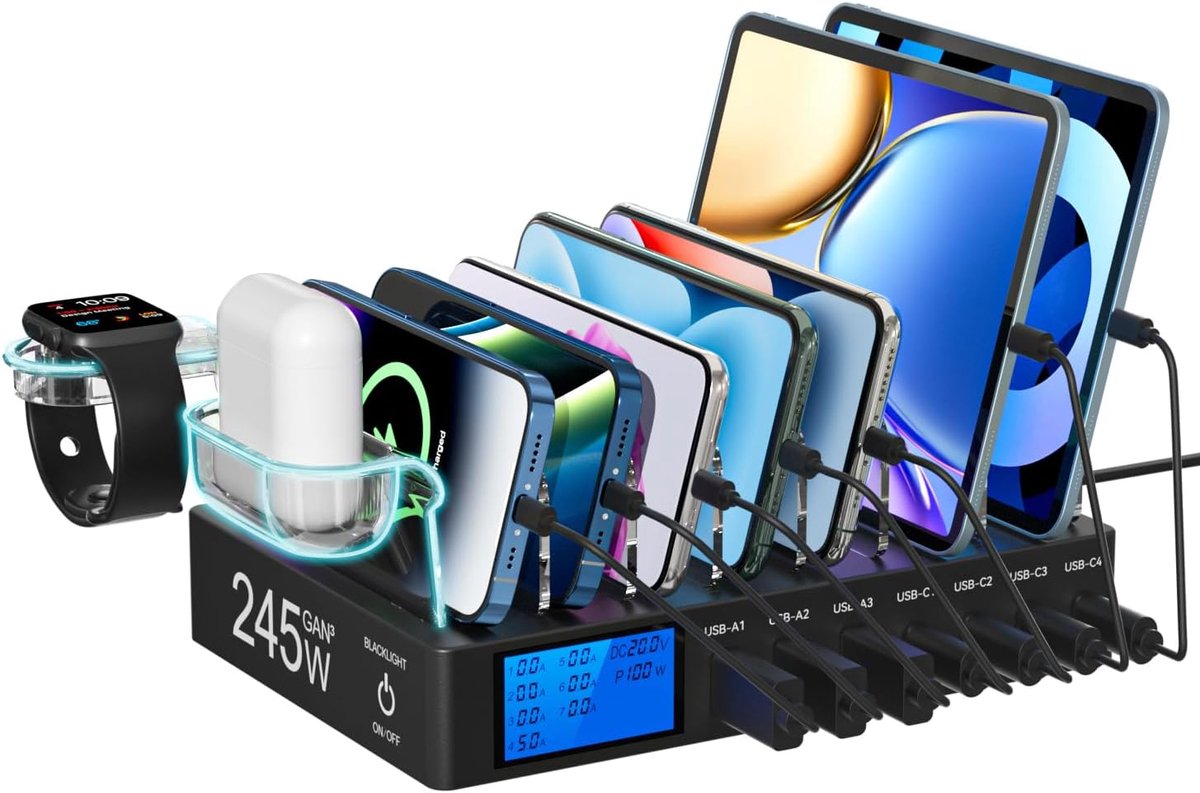 Laadstation met 245W voor meerdere apparaten, USB-oplaadstation 7 poorten met lcd-display, snel opladen USB-C PD met 100 W voor iPhone, tablet en andere elektronische apparaten