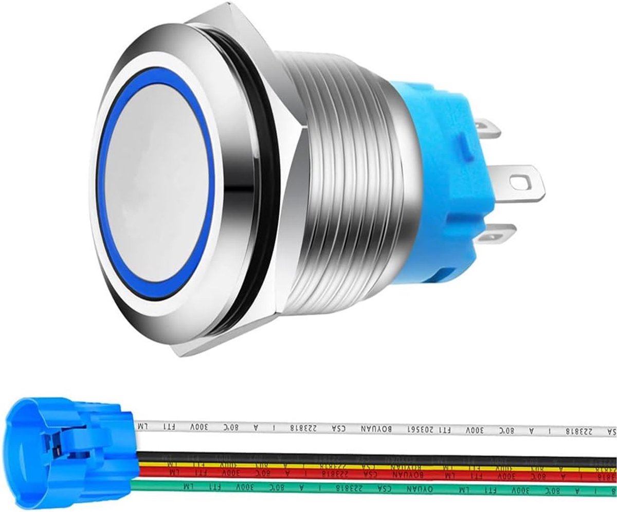 0,87 inch/22mm Roestvrijstalen Kortstondige Drukknop 12V-24V 5A LED 1NO1NC SPDT AAN UIT Waterdicht met Draadaansluiting (Blauwe LED)