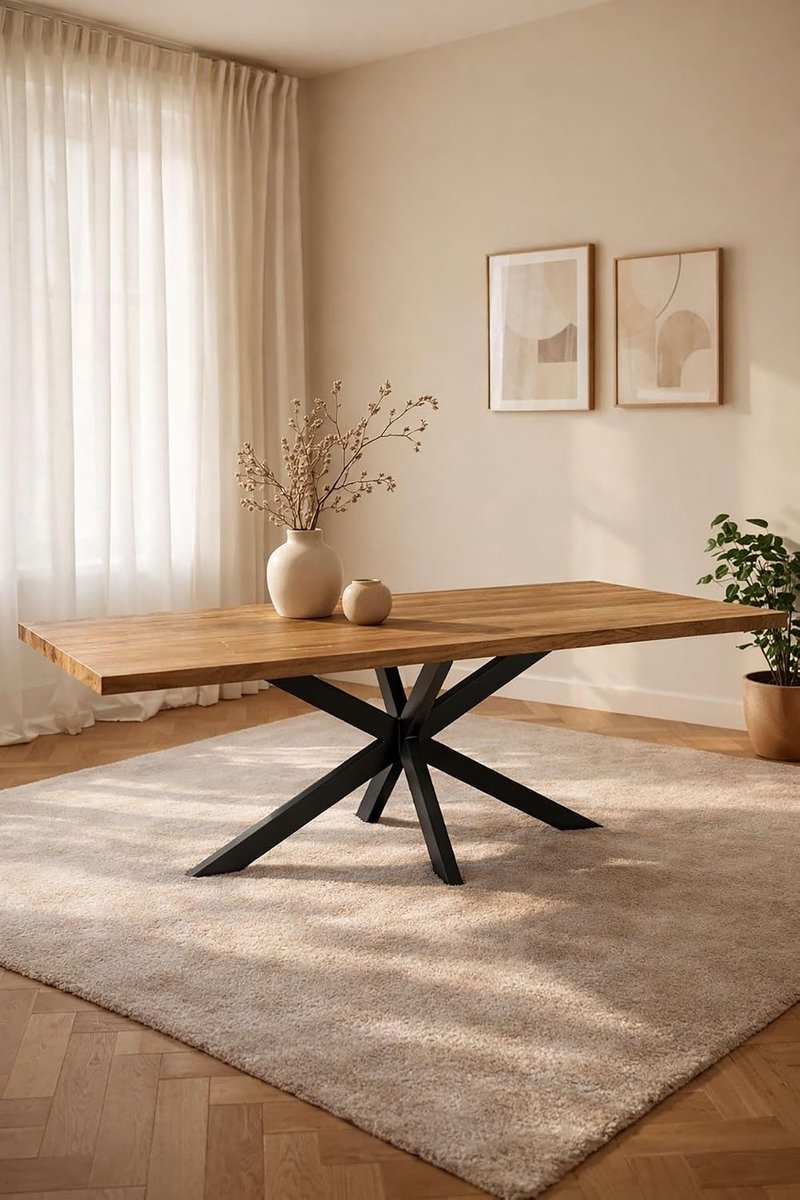 Home Rechthoekige Eettafel 200 cm Mangohout – Zwart Metalen Matrix Onderstel – Industrieel – 8 Personen