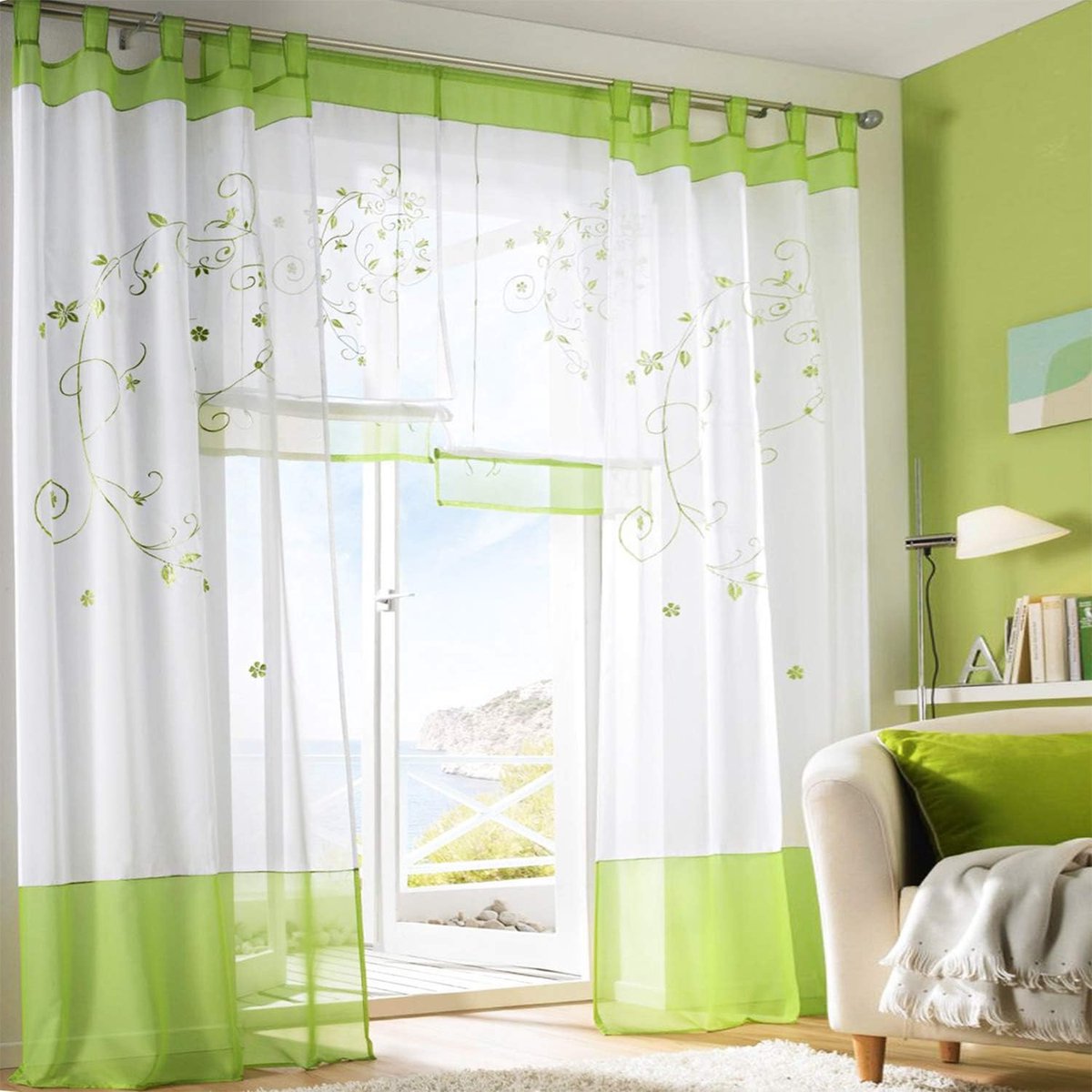 Gordijnen met bloemenpatroon, borduurwerk, raampanelen, voor slaapkamer, woonkamer, decoratie, 2 panelen, groen, L 140 cm x H 145 cm