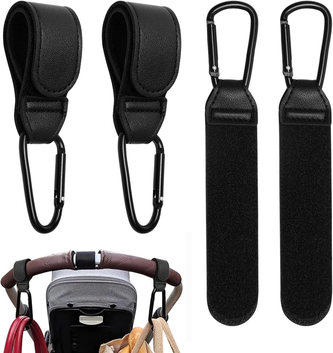 Clips - 4 stuks PU-lederen verstelbare kinderwagenhaken voor tassen, kinderwagenclips met anti-slip ontwerp, robuuste universele kinderwagenclips voor luiertas, kinderwagen, boodschappen doen en