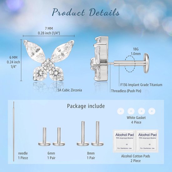 18G Titanium Tragus Piercing, 2 Stuks Medische Lip Piercing Labret Plug Pressfit Draadloze Hypoallergene Helix Piercing voor Tong Wenkbrauw Lip Septum Neus Oor Piercing — afbeelding 2