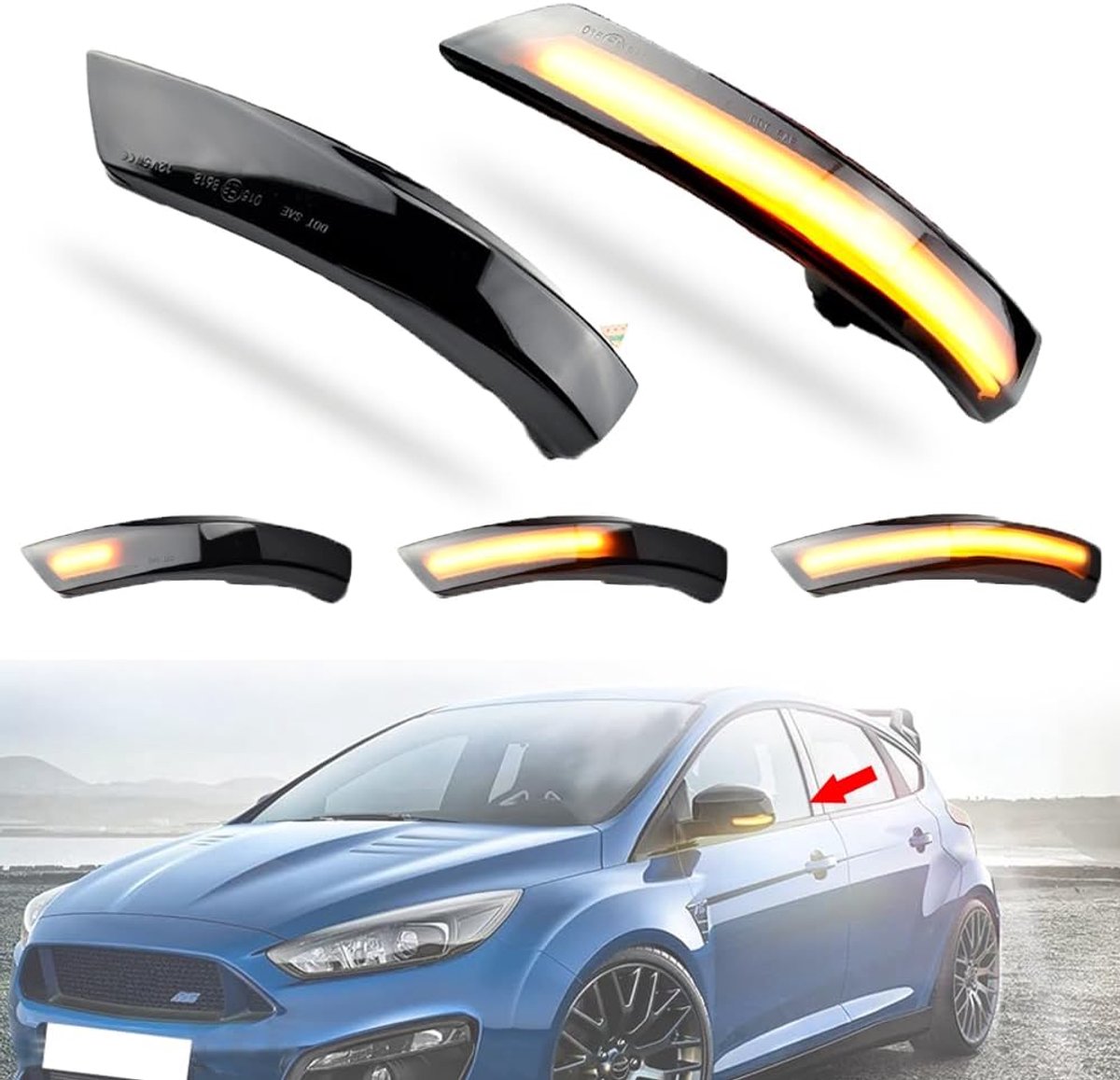 2 stuks zijvleugelweergave, knipperend, led-knipperlicht, dynamisch knipperlicht, compatibel met Fo-rd Fo-cus 2 3 Mk2 Mk3 Mon-deo MK4 (Geel)