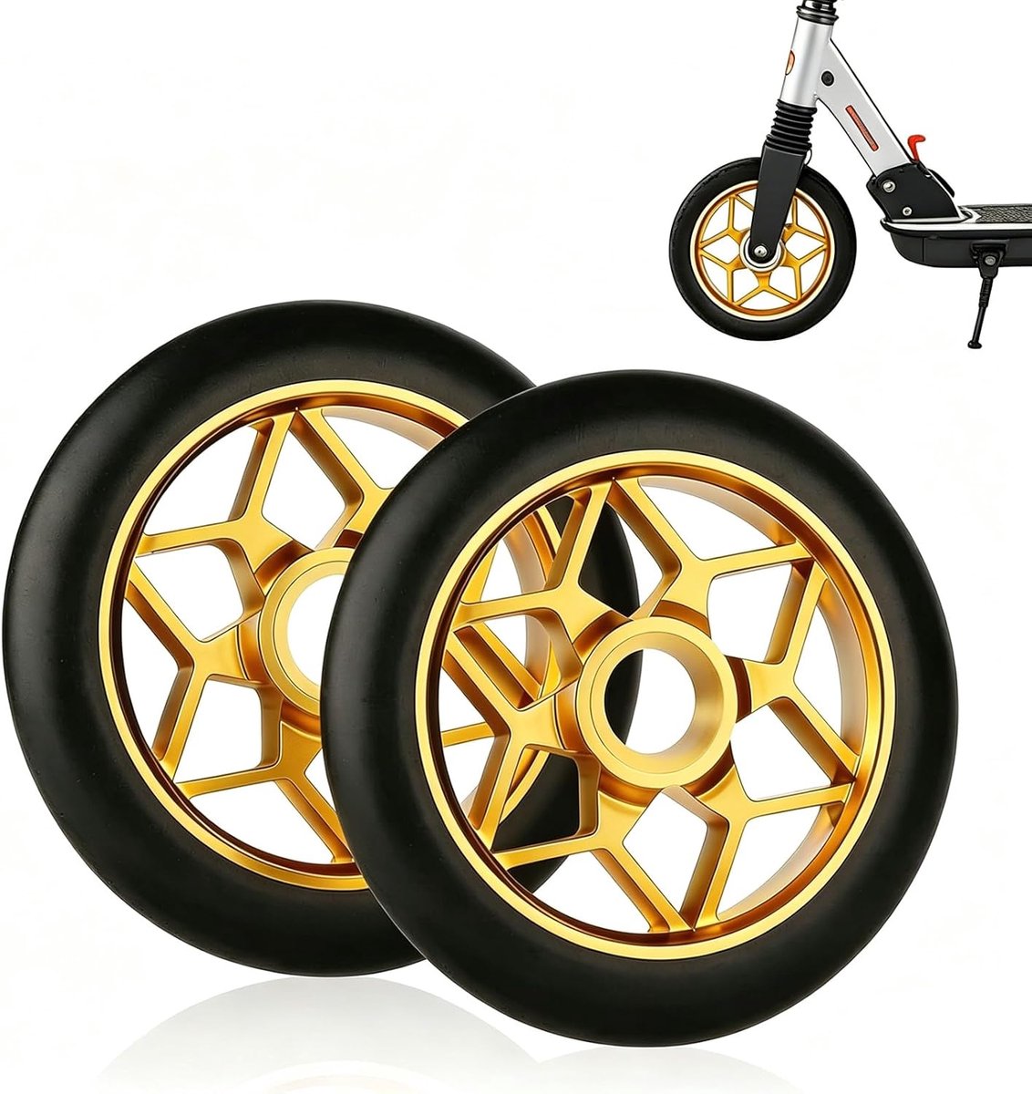 2 stuks antislip stuntstep-wielen, schokdempend, 110 mm, stunt scooters, banden, geluidsarm, goud, reservewielen 88 A, voor de meeste stuntsteppen en kickscooters