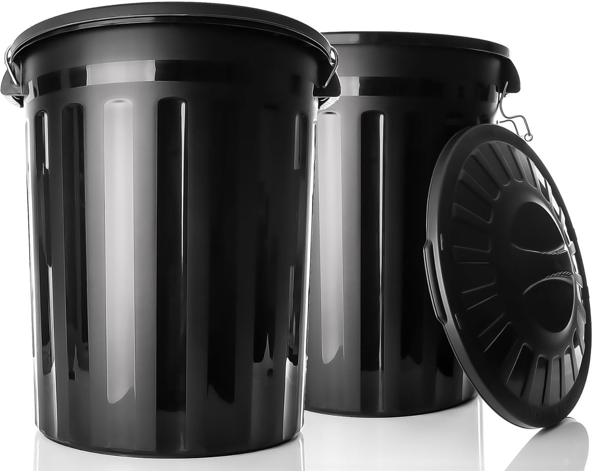 SnelShoppen - Set van 2 Weerbestendige Universele Vaten Zwart met Deksel en 2 Handvatten - 80 Liter Afvalbak - Regenvat - Voederbak Geschikt voor Binn