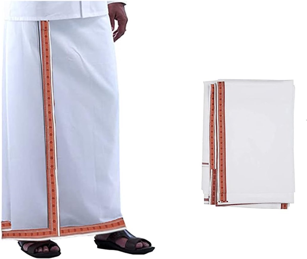 Creation Thin Dhoti Cotton Dhoti's, Full Length, Men's Ethnic Wear, White, Single Piece Indian Traditional Dhoti with 1inch Large Border for Gifts