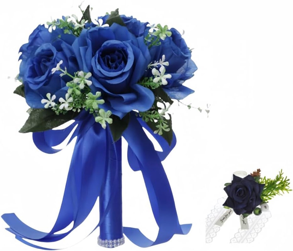 Trouwboeketten voor bruid met roos bloem pols kunstbloem bruidsmeisje boeket faux zijden lint voor bruiloft Valentijnsdag feest prom decoraties (koningsblauw)