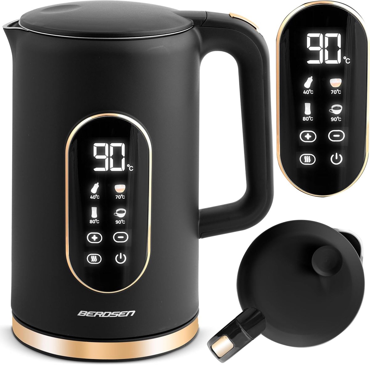 SnelShoppen - Elektrische Waterkoker 1.7 Liter met Temperatuurinstelling, Digitale LED Temperatuurweergave, Droogloopbeveiliging, 360° Basis, Zwart/Go