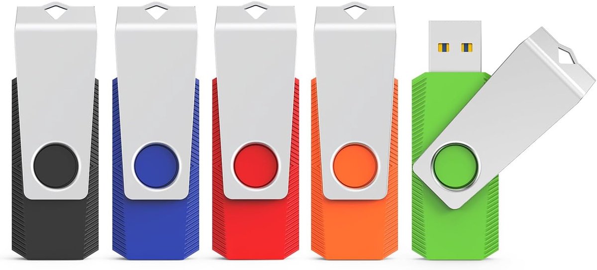 USB-sticks, 16 GB, 5 stuks USB-sticks 3.0 geheugensticks, draaibaar, metaal, meerkleurig, high-speed USB 3.0 flashdrives, geheugenstick, pakket (16 GB, zwart, blauw, groen, rood, oranje)