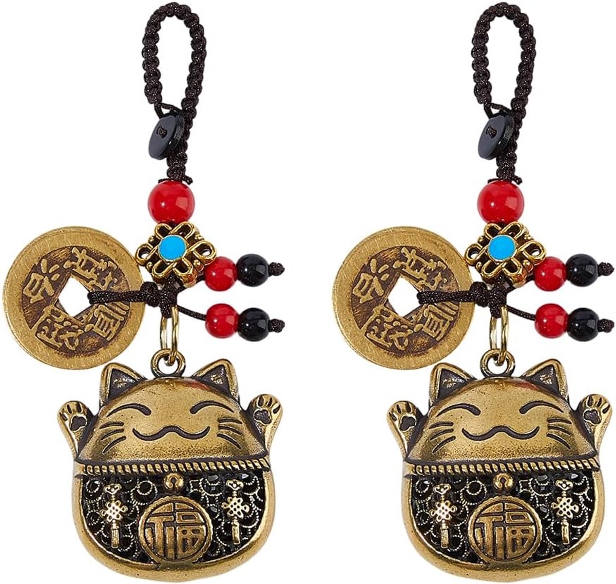 2PCS Maneki Neko Good Luck roikkuu koristeet kiinalainen Lucky Money avaimenperä Lucky Cat avaimenperä viisi keisarit rahaa Feng Shui rahaa varallisuuden vaurautta pituus: 12.5cm