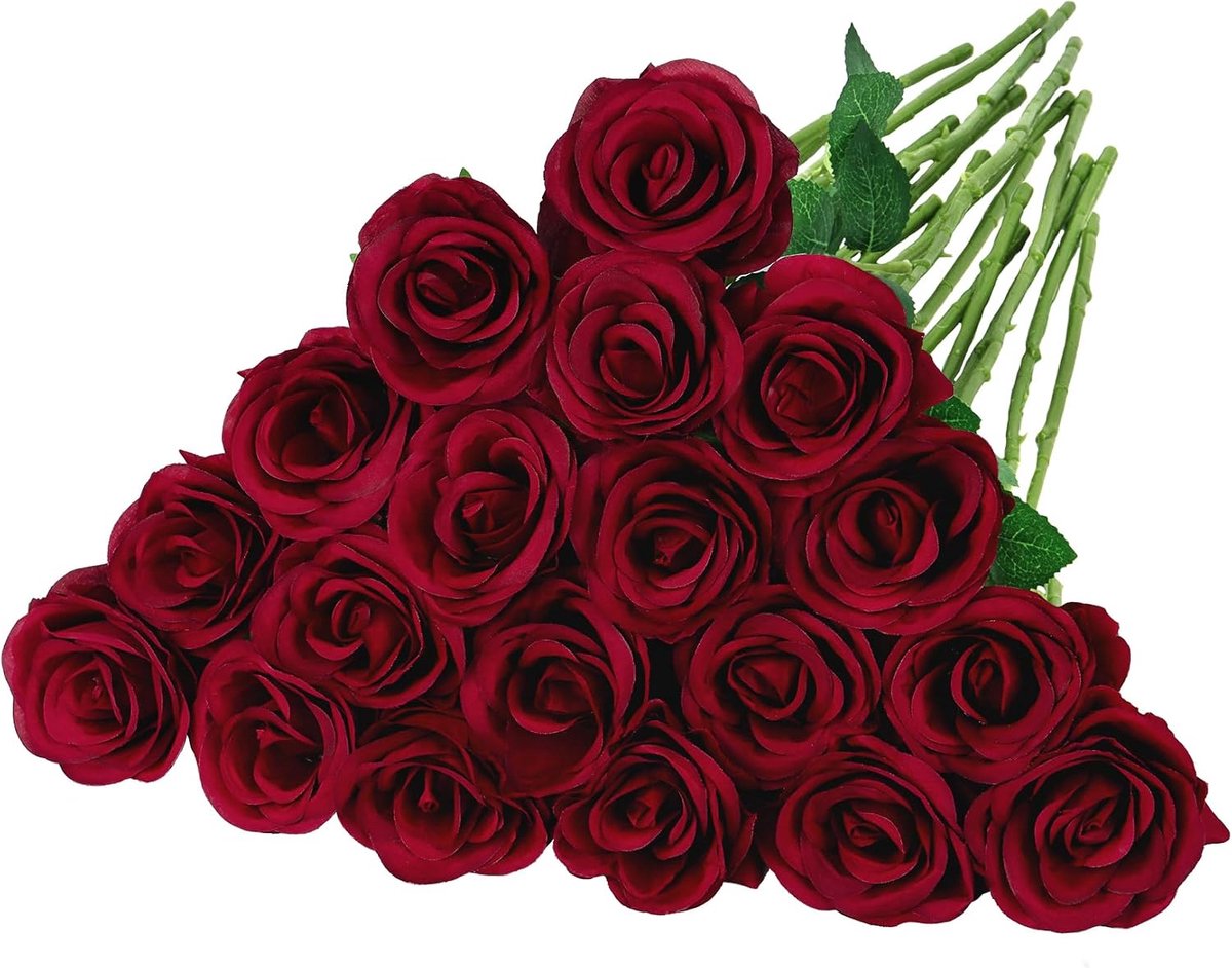 16 stuks rode rozen, kunstrozenboeket van flanel, kunstrozen met kunststof, lange steel, kunstbloemen voor bruiloft, tafeldecoratie, Valentijnsdag, thuisfeest, bruidsboeket, wijnrood