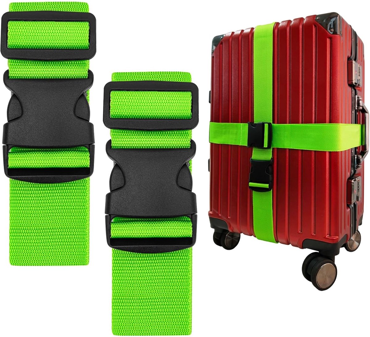 2 stuks, verstelbare kofferband, opvallende kofferbanden, groen | Kruisriem voor koffer, bagageriemen met snelsluiting, reisaccessoires voor reizen, vliegreizen, polyester, 195 x 5 cm
