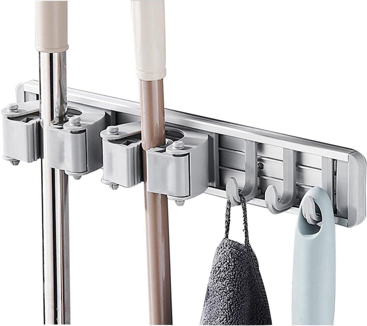 Mophouder met Haken - Opbergrek Bezem - Gereedschap Organiseren - Rubberen Grip - 3 Haken - Grijs
