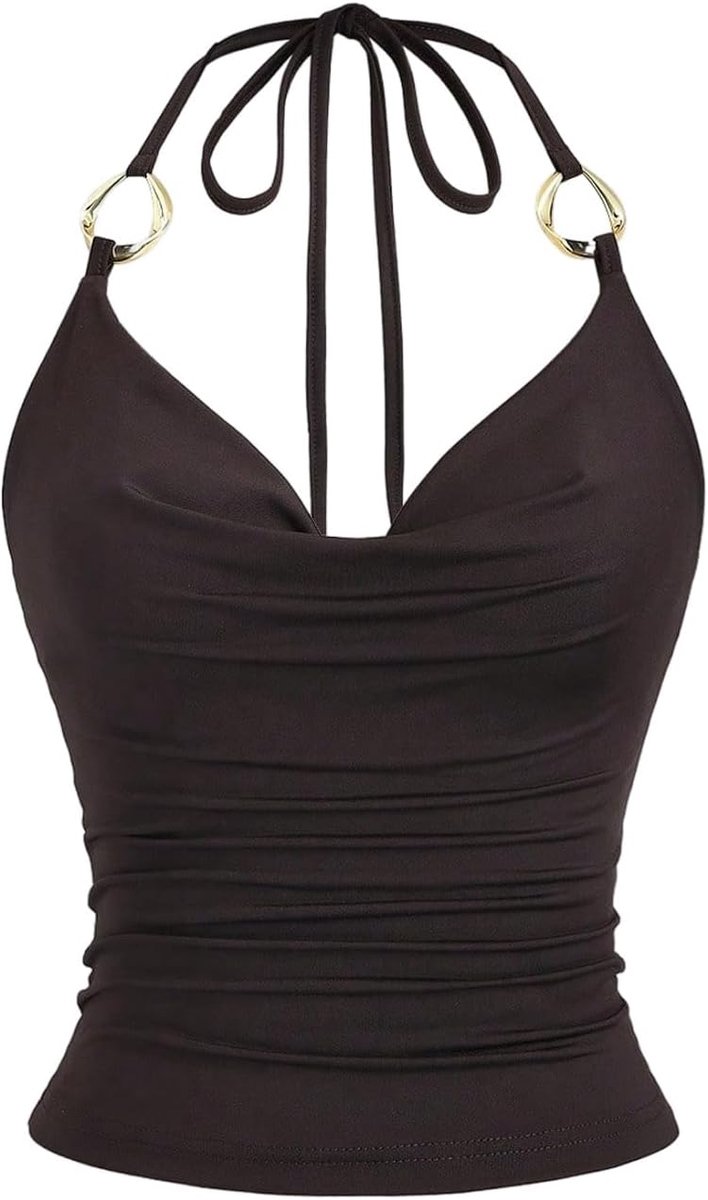 Haltertop voor dames, blote rug, elegant, haltertop, Y2K, geplooid bovenstuk, mouwloos, crop top, waterval-uitsnijding
