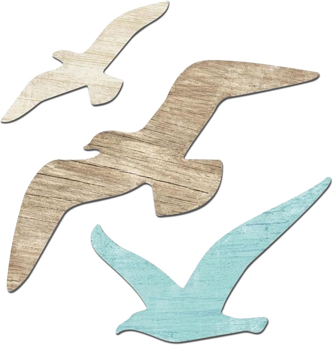 3 stuks houten wanddecoratie, wanddecoratie van hout, meeuwen, stranddecoratie voor binnen en buiten, artistiek (kleurrijk A)