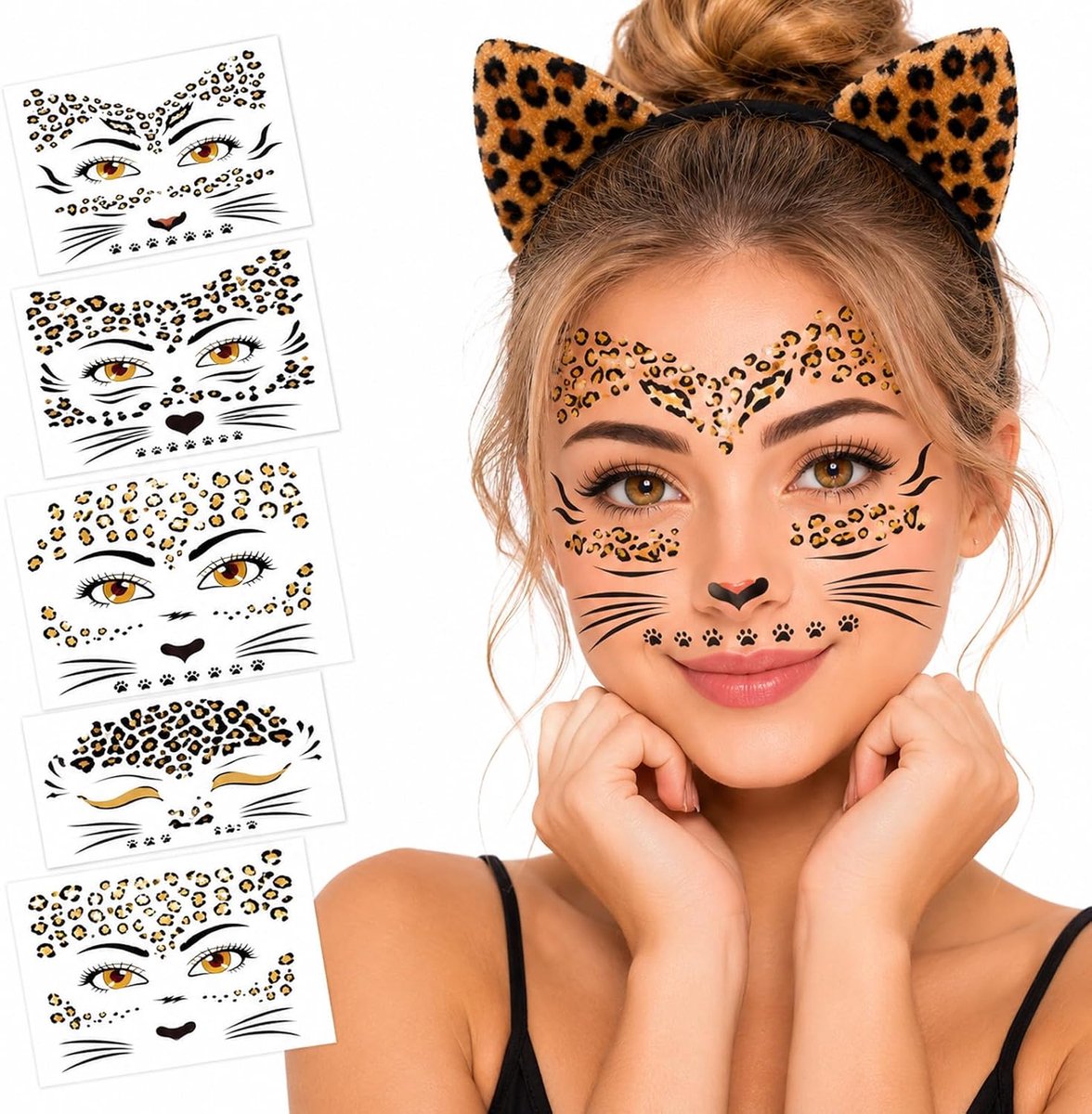 5 Stuks Luipaard Gezichtstattoo Stickers, Tattoostickers Voor Het Gezicht, Carnaval, Luipaardmake-Up, Gezichtsstickers Voor Luipaardkostuum, Stickers Prom Show Carnaval Party Halloween
