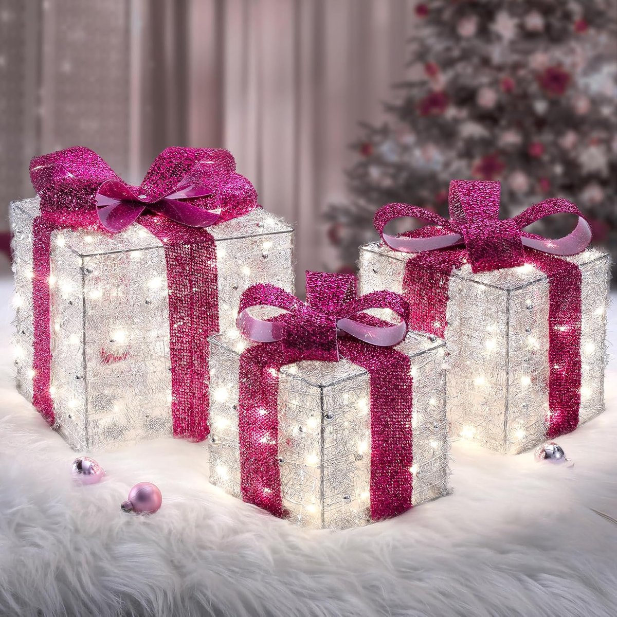 Set van 3 Kerstlampjes, LED Kerstverlichting Geschenkdoos met Timer en 8 Flitsmodi, Kerstboomdecoratie met Roze Strik Warm Wit Verlichte Doos(afneembaar), met Stekker