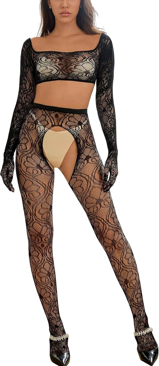 Fairy Sexy lingerieset voor dames, verleidelijke outfits, doorzichtige handschoentop met lange mouwen + netpanty plus size bodysuit