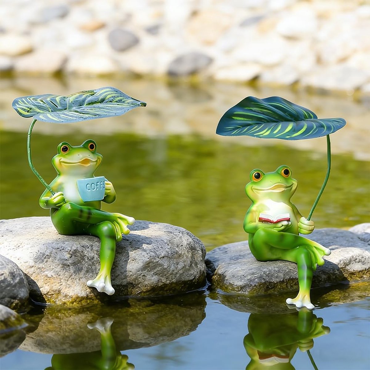 2 stuks tuindecoratie kikker, minivijverdecoratie kikker, weerbestendige tuinfiguren voor buiten, hars kikkerstandbeeld tuin, vijverdecoratie minivijver, hoekfiguren voor bloempot tuinvijver