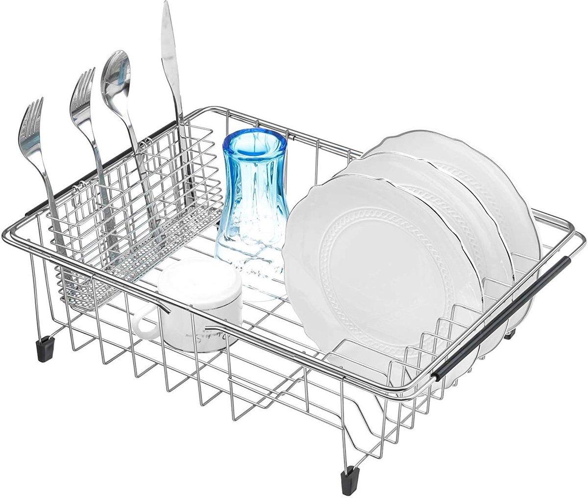 SnelShoppen - RVS Bestekhouder Keuken Organizer met Haakjes en Verwijderbaar Droogrek - Bestekmand voor Afwas, 38 cm Lang, Zilver, Ideaal voor Keuken