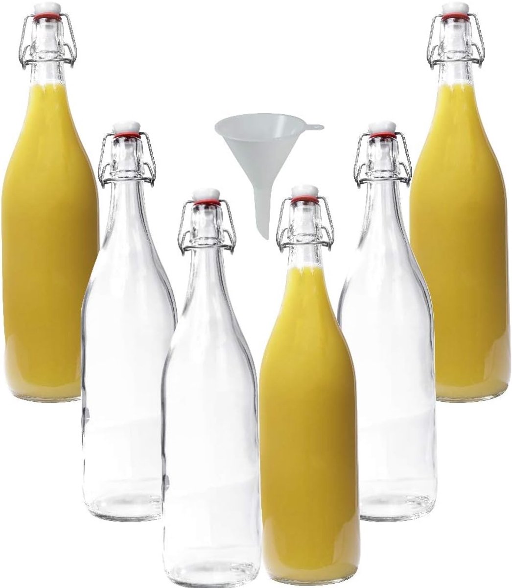mikken 6 x glazen fles 1 liter met beugelsluiting van porselein incl. trechter, transparant
