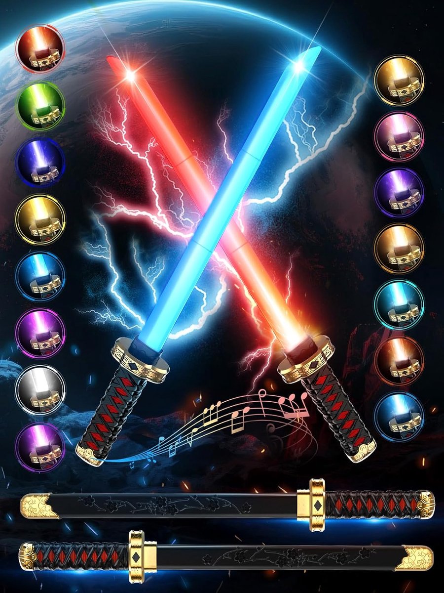Oplaadbaar lichtzwaard voor kinderen, RGB 15 kleuren, led-Ninja-zwaard met schede en gevechtsgeluidseffecten, 2 stuks lichtzwaard-rekwisieten voor cosplay, Kerstmis, Halloween, anime-fans