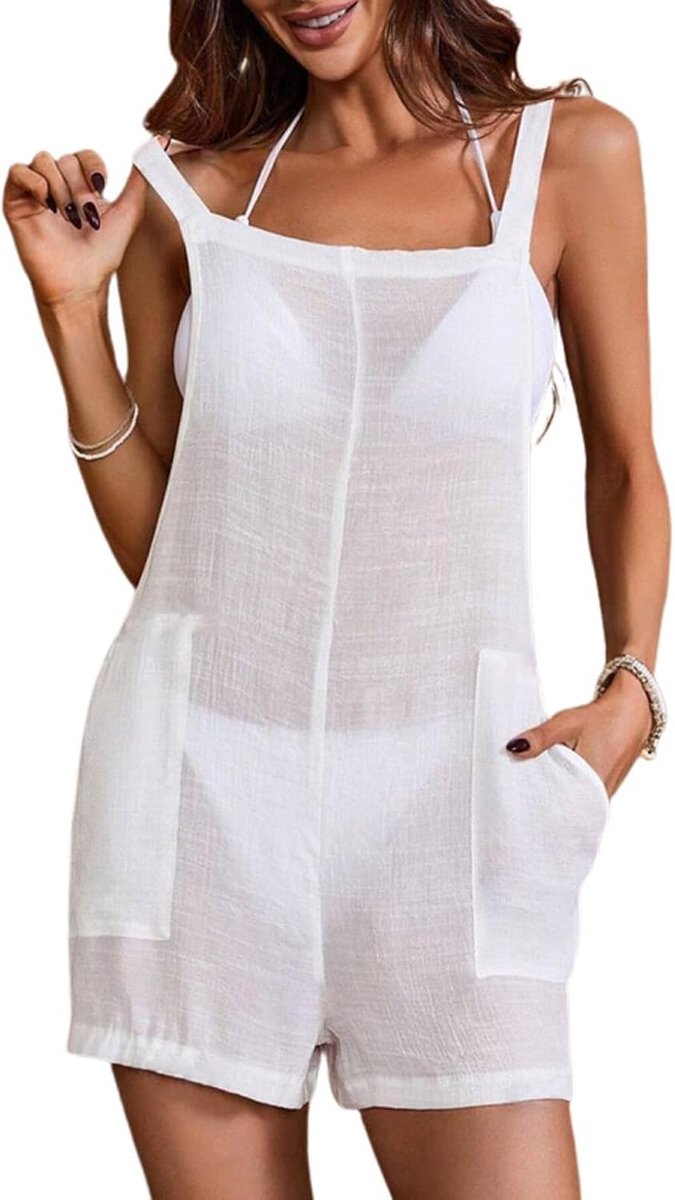 Strandshirt voor dames, mouwloos, met zakken, bikini-cover-up, licht, voor het strand