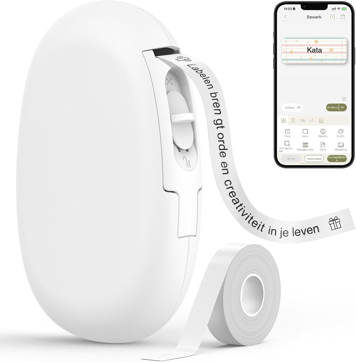 E10 Bluetooth Label Printer met 1 Rol doorlopende Etiketten, Wit | App met 30+ Lettertypen, 50+ Sjablonen, 600+ Pictogrammen, Inktloos, voor Thuis, Keuken, School en Kantoor