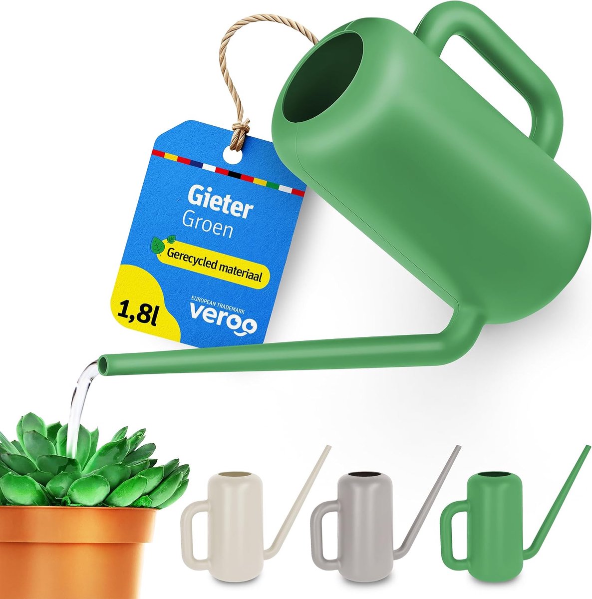 SnelShoppen - Kleine Gieter Voor Binnen 1.8L Van Gerecycled Plastic Met Lange Tuit Voor Nauwkeurig Watergeven (Groen)
