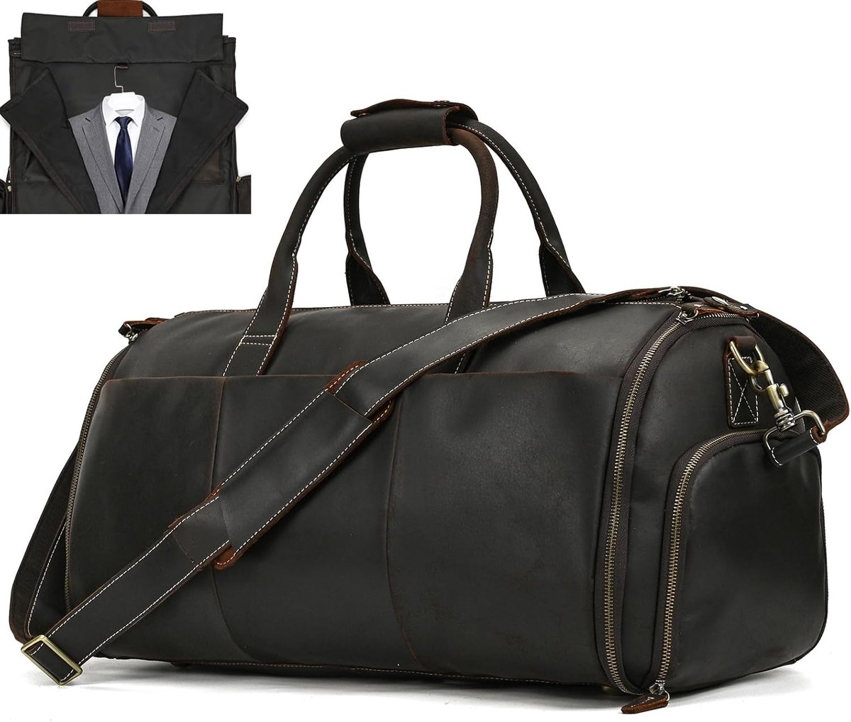 SnelShoppen - Heren Reisbagage, Echt Leer, Kledingtas, 2-in-1 Kostuumtas met Schoencompartiment, Sporttas, Weekendtas, 55 x 26 x 29 cm, Donkerbruin, R
