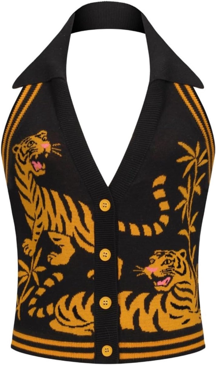 Gebreid vest met nekhouder voor dames met tijgerpatroon, V-hals kraag tanktop met knoopsluiting, zwart-geel