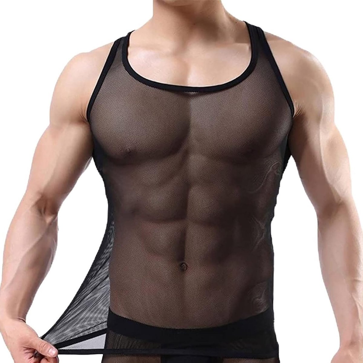 Sexy heren tanktop van netstof, mouwloos, transparant, bodybuilding T-shirt, elastisch, strand, zomer, casual club top