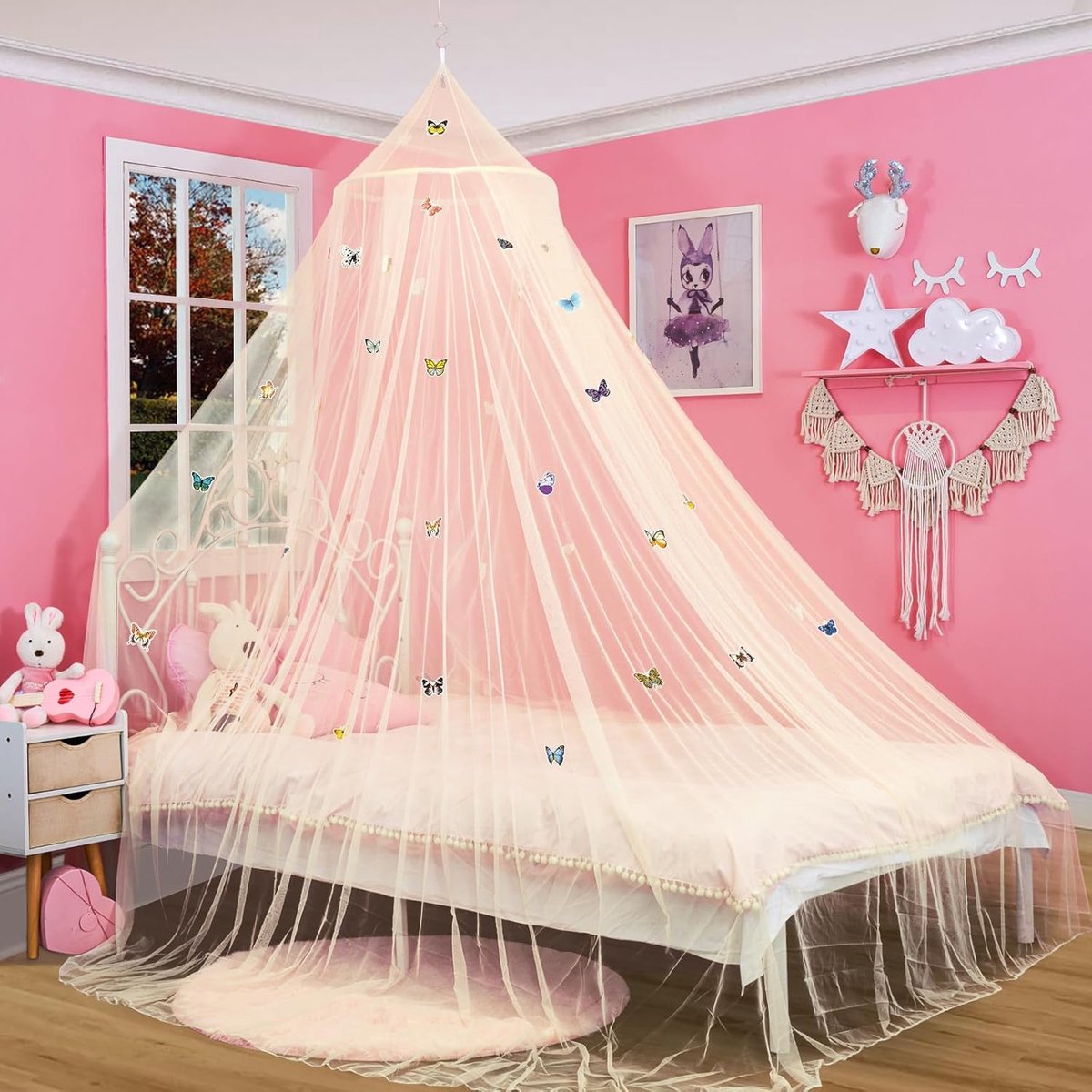 to East Bedhemel voor meisjes met gloeiende vlinder, prinsessen bedgordijnen voor babywieg, kinderbed en peuterbed, twin, full- en queensize bed, muggennet hemel voor slaapkamer, beige met