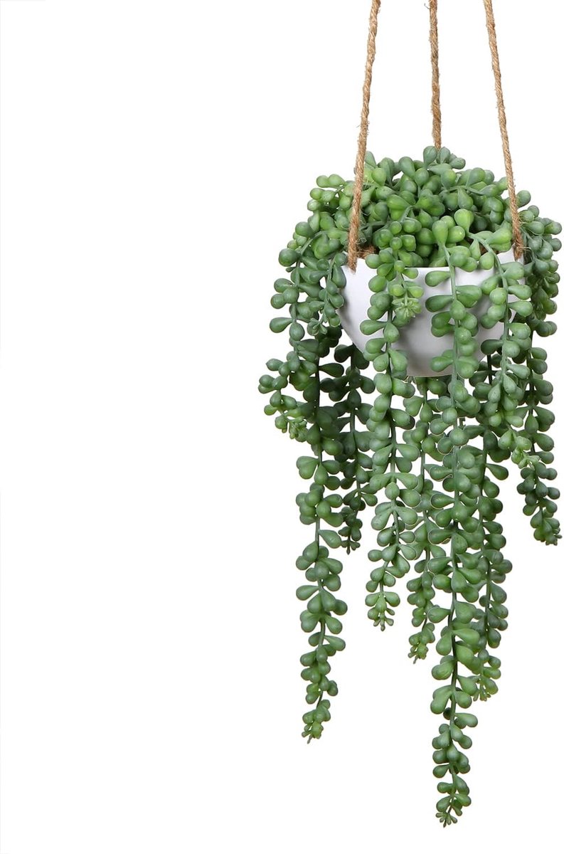 Kunstmatige hangende parelsnoer, plant, 35 cm, faux hangende vetplant in witte pot, hangende planten voor thuis, wanddecoratie, badkamer, kantoor, boho-plankdecoratie