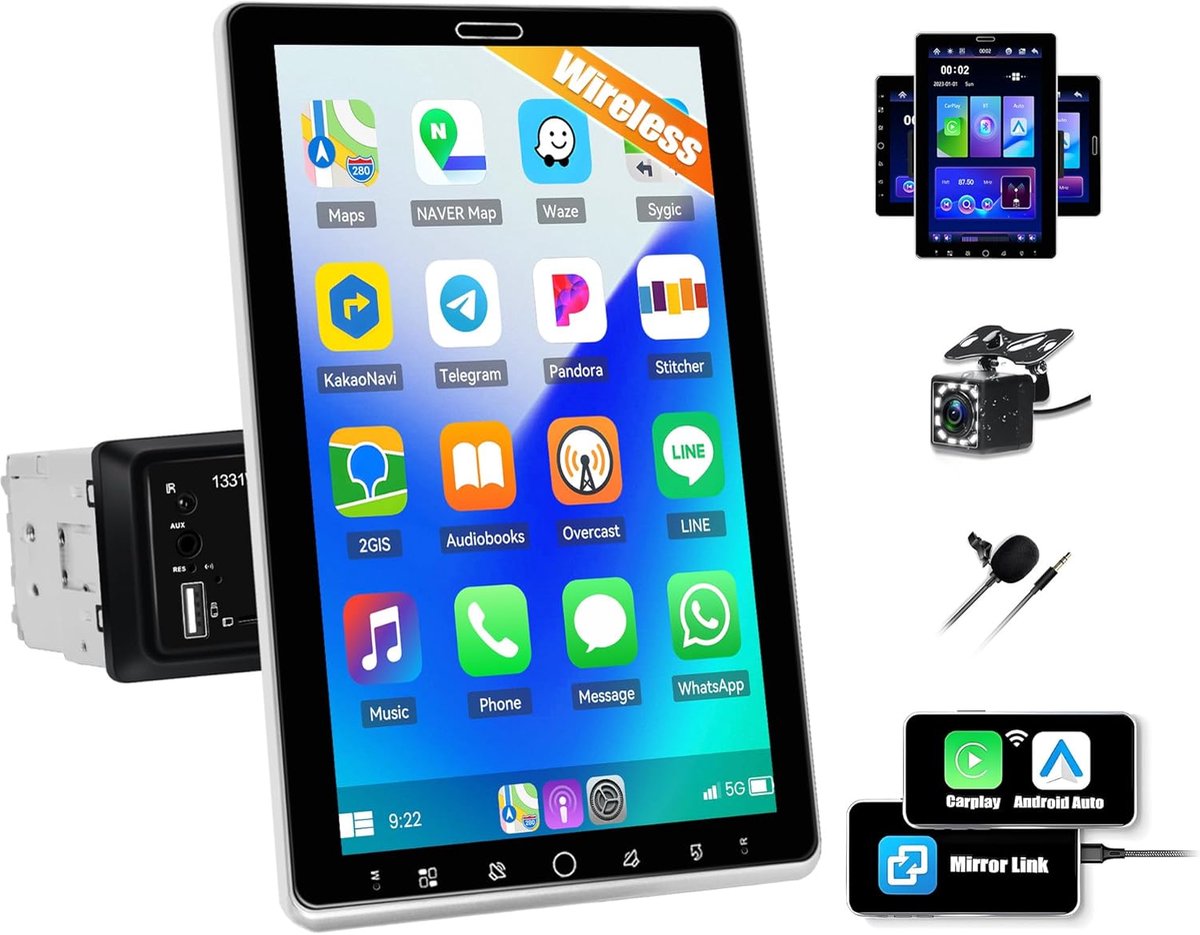 Autorradio 1 Din 10,1 inch - Draai/IPS touchscreen - Draadloze Carplay en Android Auto - Makkelijk telefoonbediening - ShopVlot